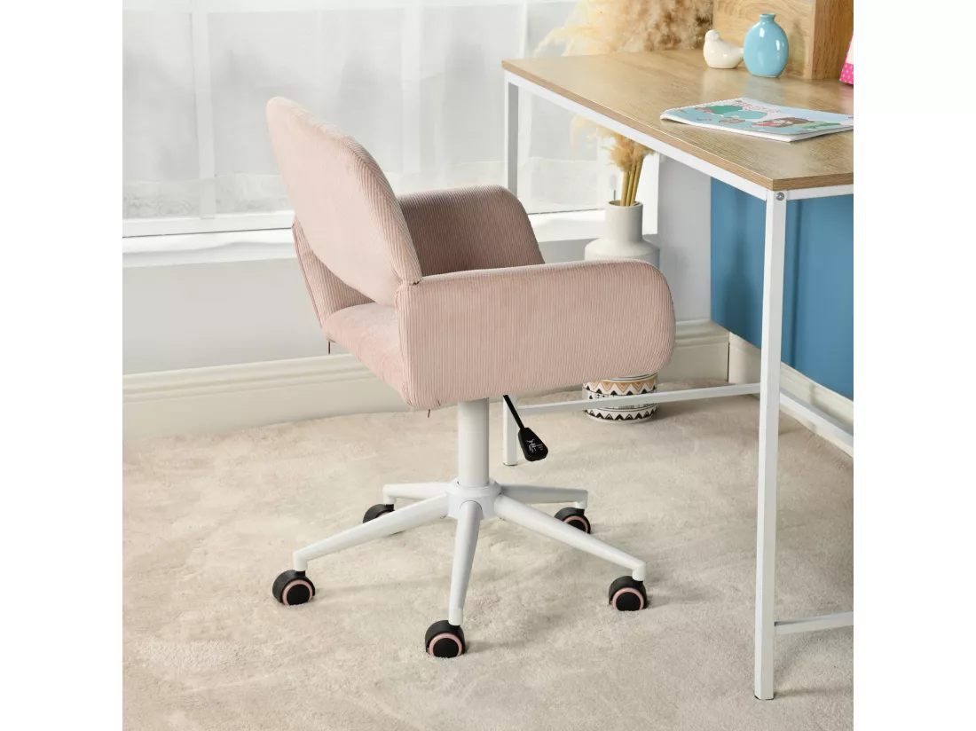 URBAN MEUBLE Chaise de bureau en velours côtelé rose, réglable en hauteur, rotation à 360°