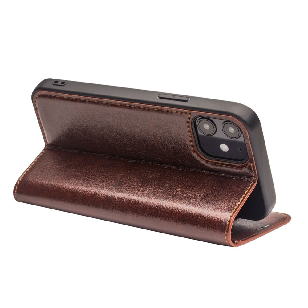 iPhone 12 / iPhone 12 Pro Echtleder Tasche Flip Cover mit Kartenfächer - Braun