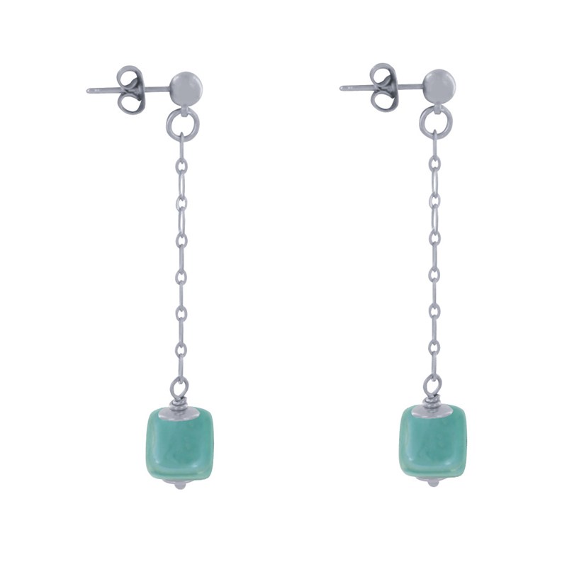 Boucles d'Oreilles Chainette Laiton Argenté et Cube en Céramique