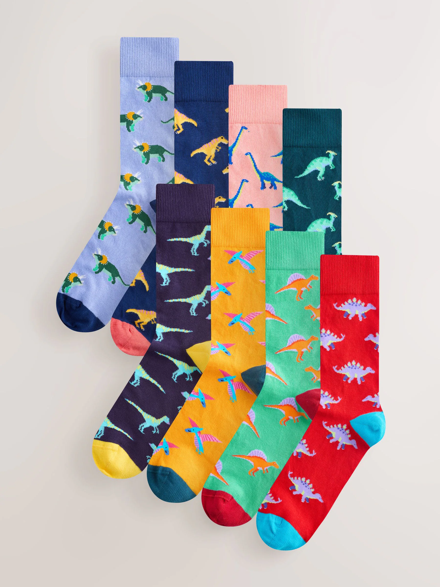 Fel rood/blauw/oranje dinosaurus - Set van 8 sokken met patroon