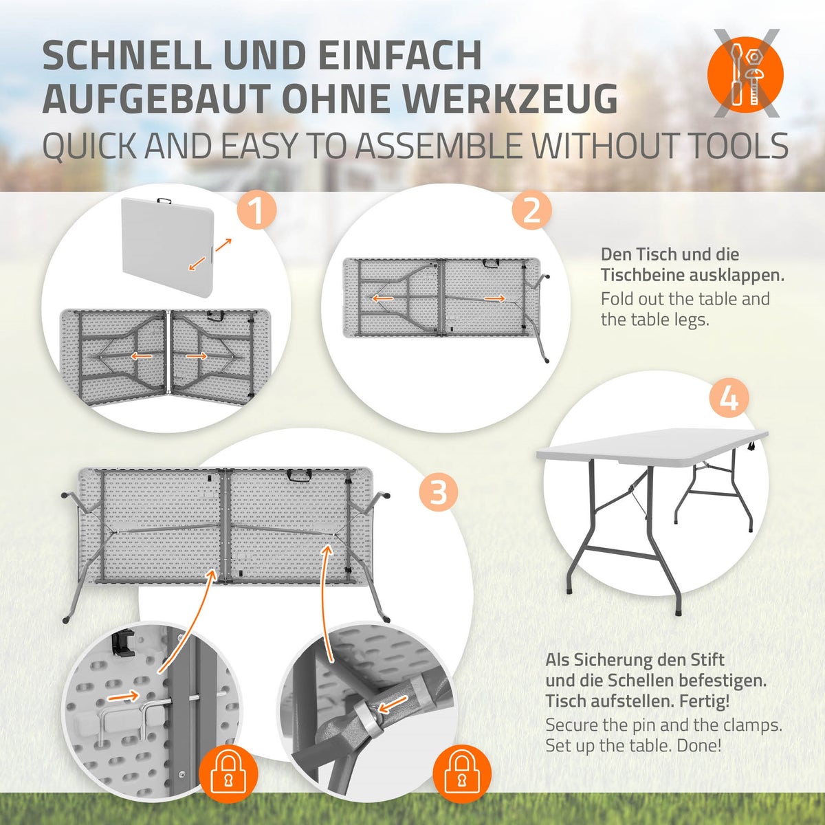 ML-Design Opvouwbare Campingtafel, Wit, 180x74 cm, Kunststof, Opvouwbare Tafel met Draaggreep, Opvouwbare Tafel voor Tuin, Terras, Balkon, Tuintafel voor 6 Personen, Buffettafel, Feesttafel, Koffertafel, Rommelmarkttafel
