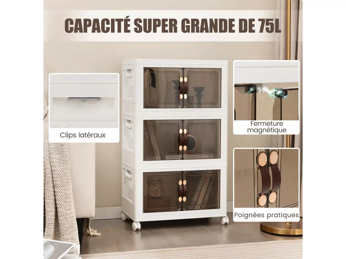 Boîte Rangement Plastique 75L, 3 Caisses de Rangement Pliables avec 4 Roulettes et Couvercles, Boite Empilable pour Vêtement, Livres, Jouets, Caisse pour Chambre, Salon, Cuisine (75L)