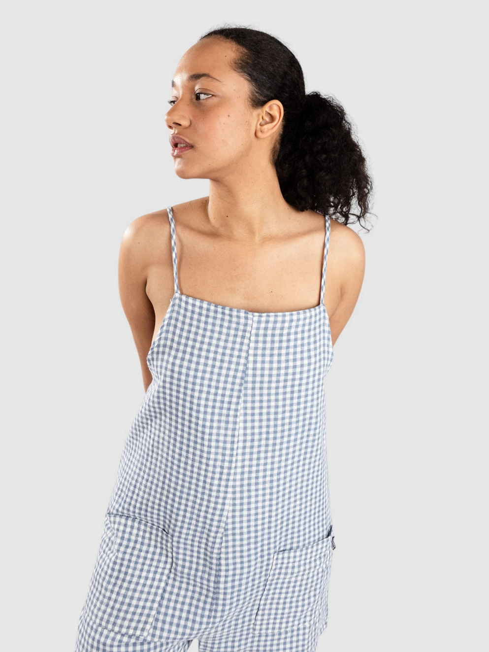 Blue Tomato Short Linen Overall gingham blue