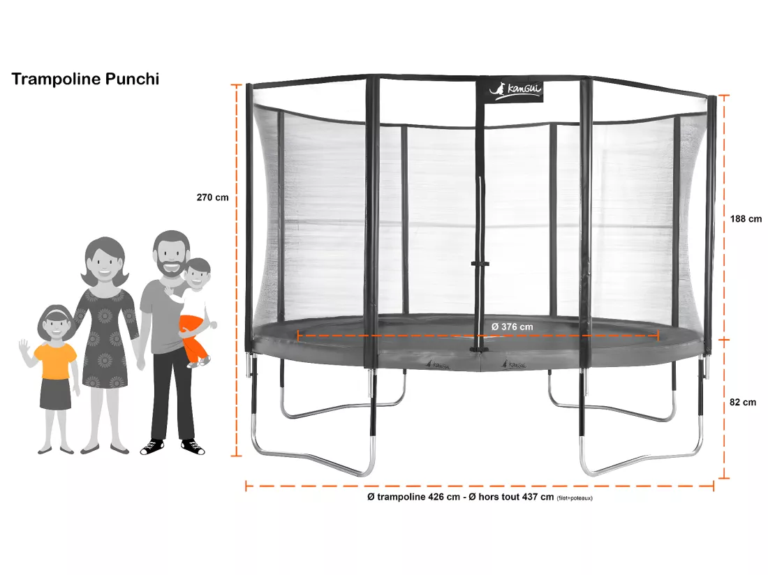 Kangui - Trampoline de jardin 426 cm + filet de sécurité + échelle JUMPI Vert/Noir 430