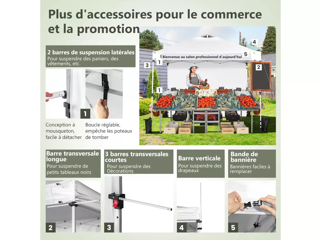 Tonnelle pop-up 3x3 m avec Paroi Latérale, Pavillon de Jardin Pliable avec Barres Transversales Suspendues, Bandes bannières et Sac à Roulettes, Protection UV 50+ (Blanc)