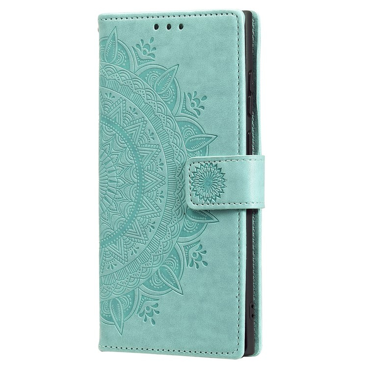 Samsung Galaxy S25 Leder Tasche Wallet - Mandala Flowers Imprint - Türkis