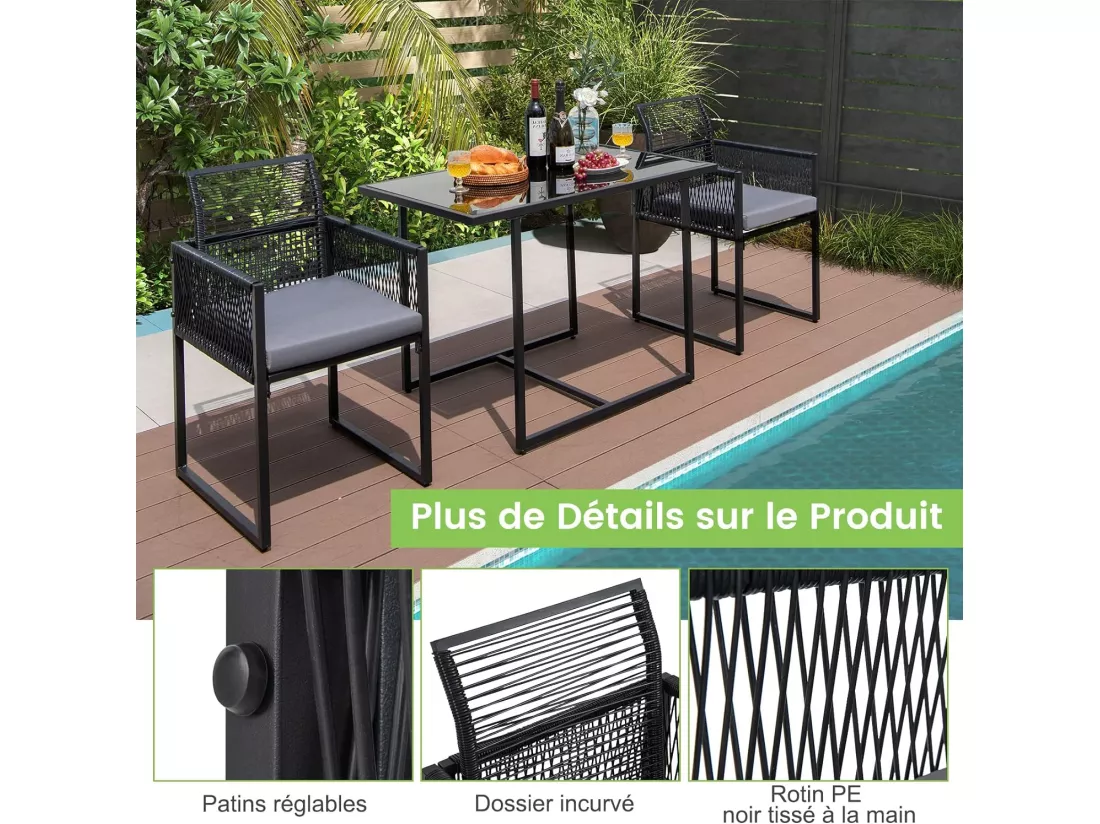 Ensemble de Meubles de Patio 3 Pcs en Rotin et fibre naturelle PE avec Dossier Pliant Charge 150KG, Salon de Jardin avec Coussins Plateau de Table en Verre Trempé, pour Jardin Bord de Piscine