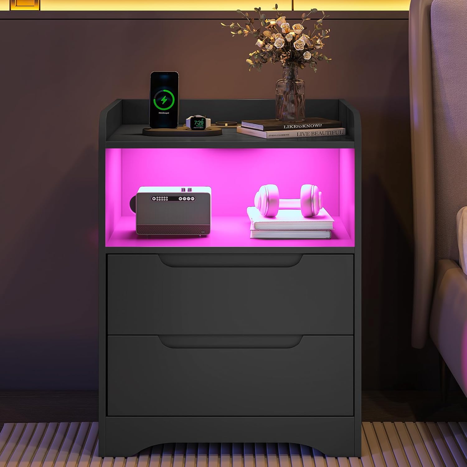 Nachttisch 2er Set Nachttische mit Ladefunktion und LED-Licht Nachtschrank 2er Set mit 2 Schubladen Nachttisch Schwarz Beistelltisch Schwarz Couchtisch Sofatisch für Schlafzimmer, Wohnzimmer