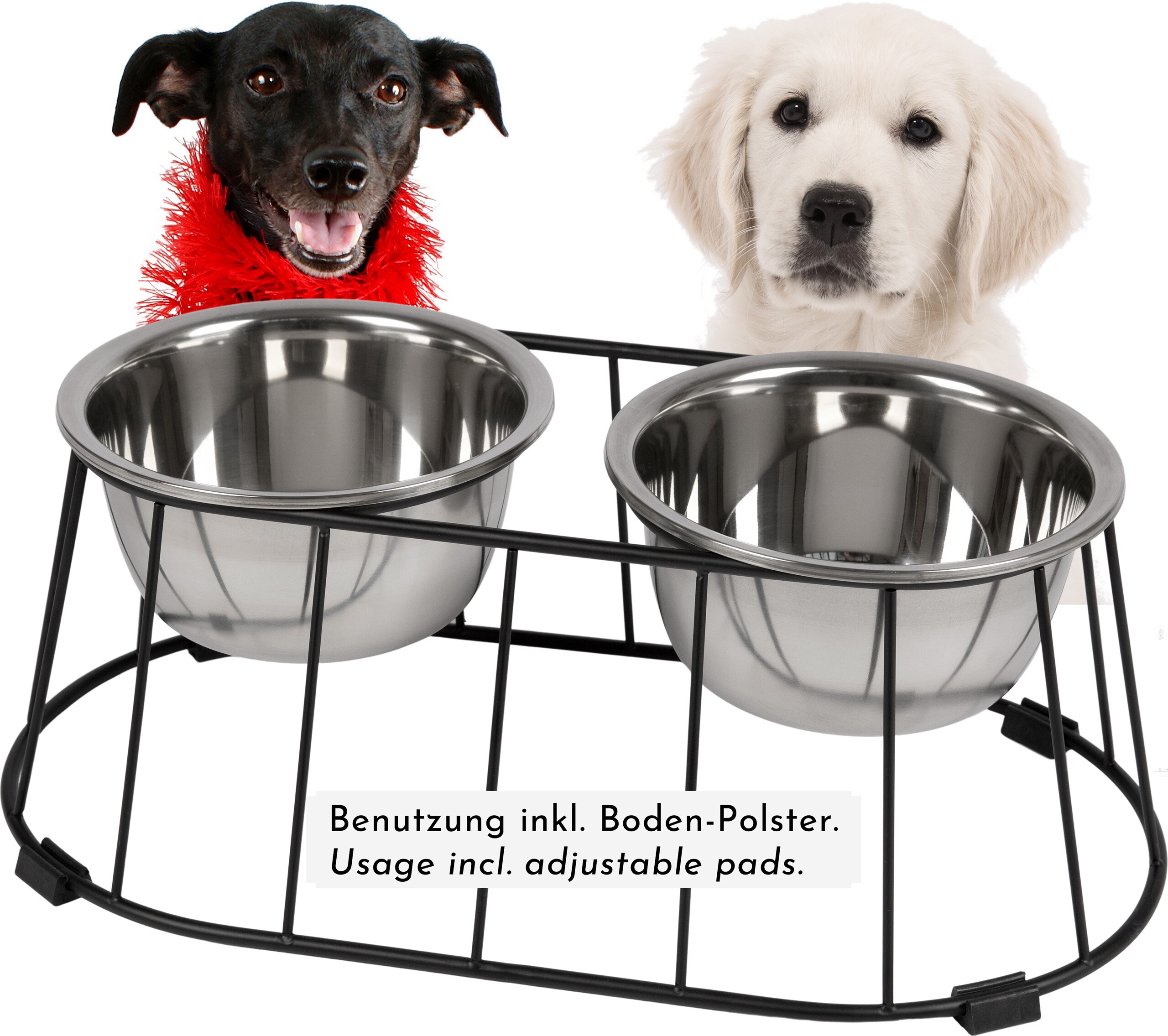 WONDERMAKE® Design Hundenapf erhöht für mittelgroße / große Hunde mit Ständer, Futternapf Hund Futterstation rutschfest aus Edelstahl, Fressnapf 2er Set 2 Näpfe doppelt, 47x26,5x17 cm, silber schwarz