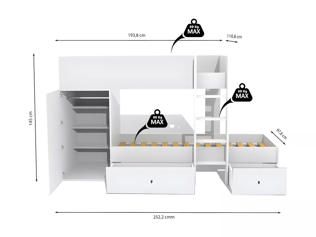Lit superposé TWIN 90x190 avec armoire et tiroirs + 2 sommiers / Blanc
