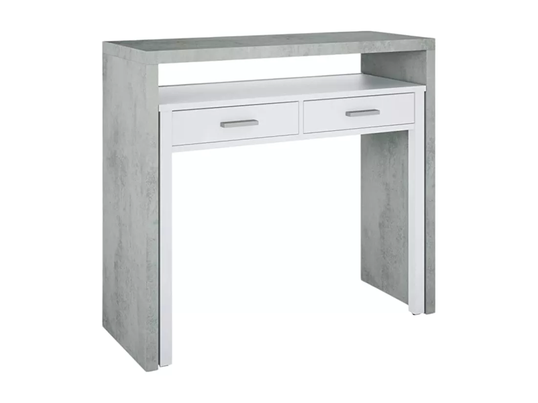 Bureau Damodi, Bureau avec plateau extensible, Bureau PC avec 2 tiroirs, 99x36h88 cm, Ciment et Blanc