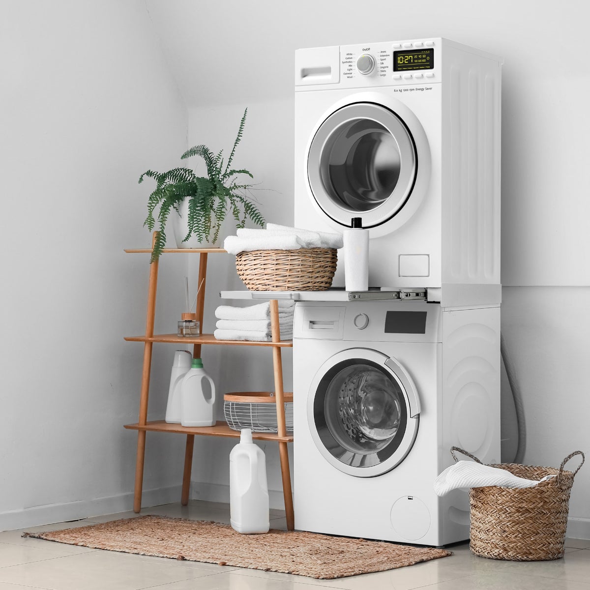 ML-Design Stapelframe met uitschuifbare plank, staal, 60x60 cm, wit, verbindingsframe voor wasmachine/droger, stapelkit met uitschuifbare plank voor wasmand, universeel stapelframe