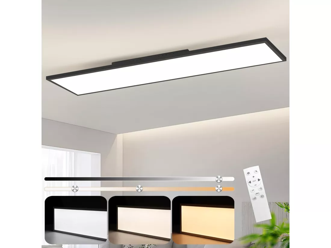 NETTLIFE Plafonnier LED 120 x 30 – Panneau de plafond à intensité variable, lampe longue lumière du jour, bureau plat avec télécommande, 40 W