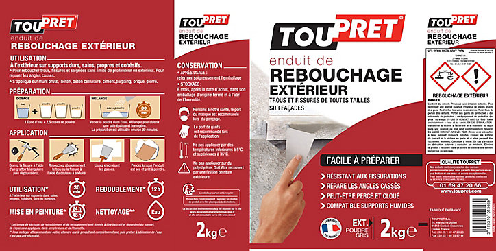 Enduit de rebouchage extérieur poudre gris Toupret 2kg