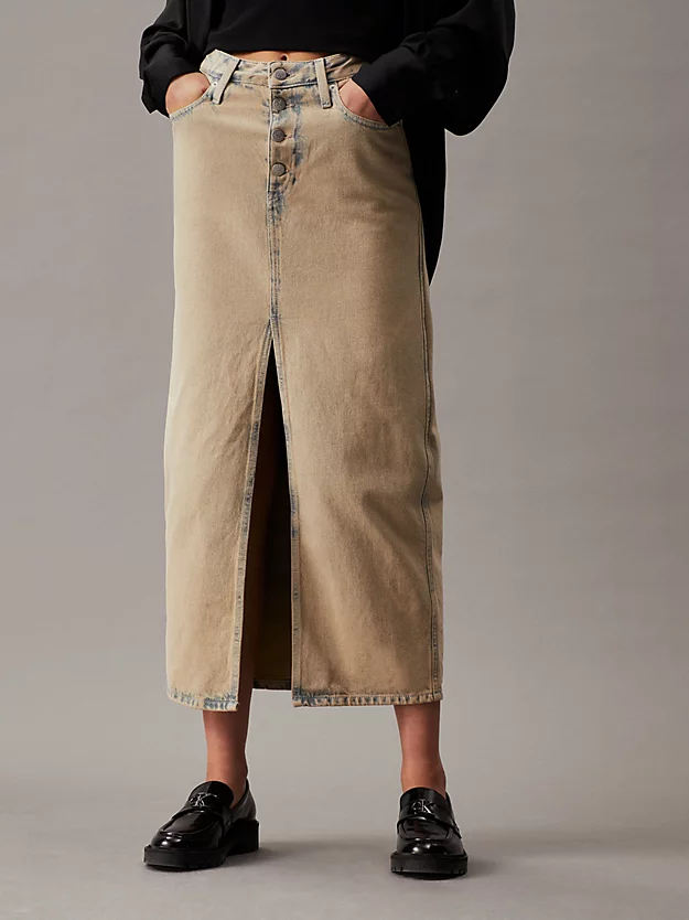 Saia jeans longa de cintura alta