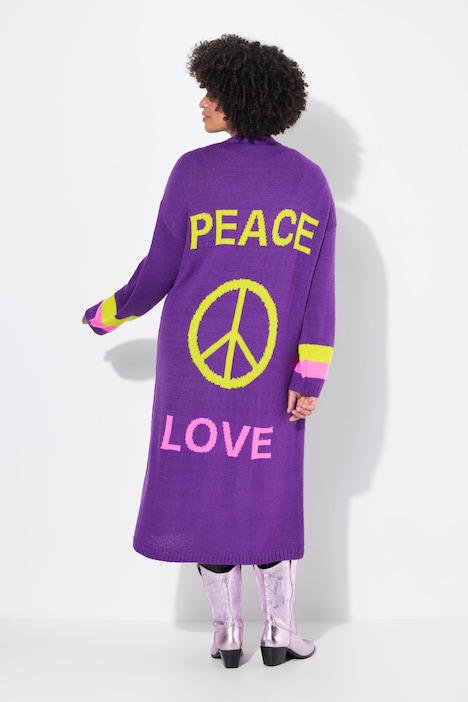 Long-Strickjacke, Rücken Peace-Motiv, offene Form