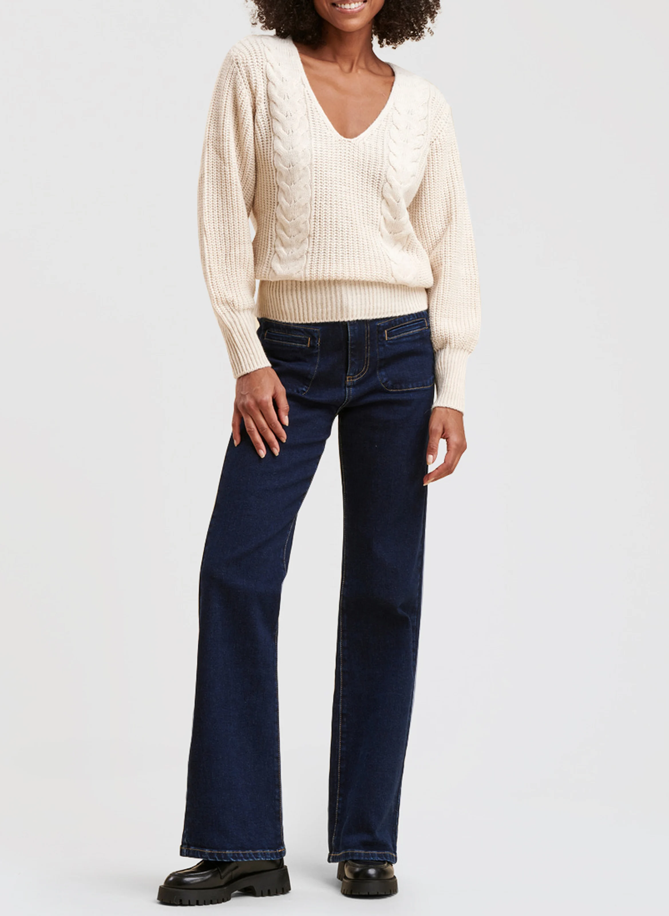 Pull col V en maille torsadée | Blanc