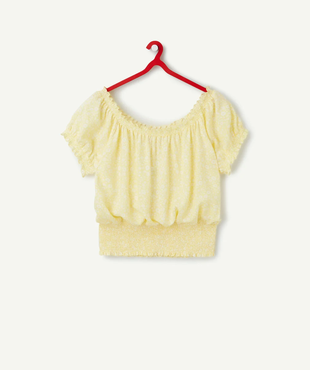 LE T-SHIRT JAUNE FLEURI EN VISCOSE AU COL BATEAU