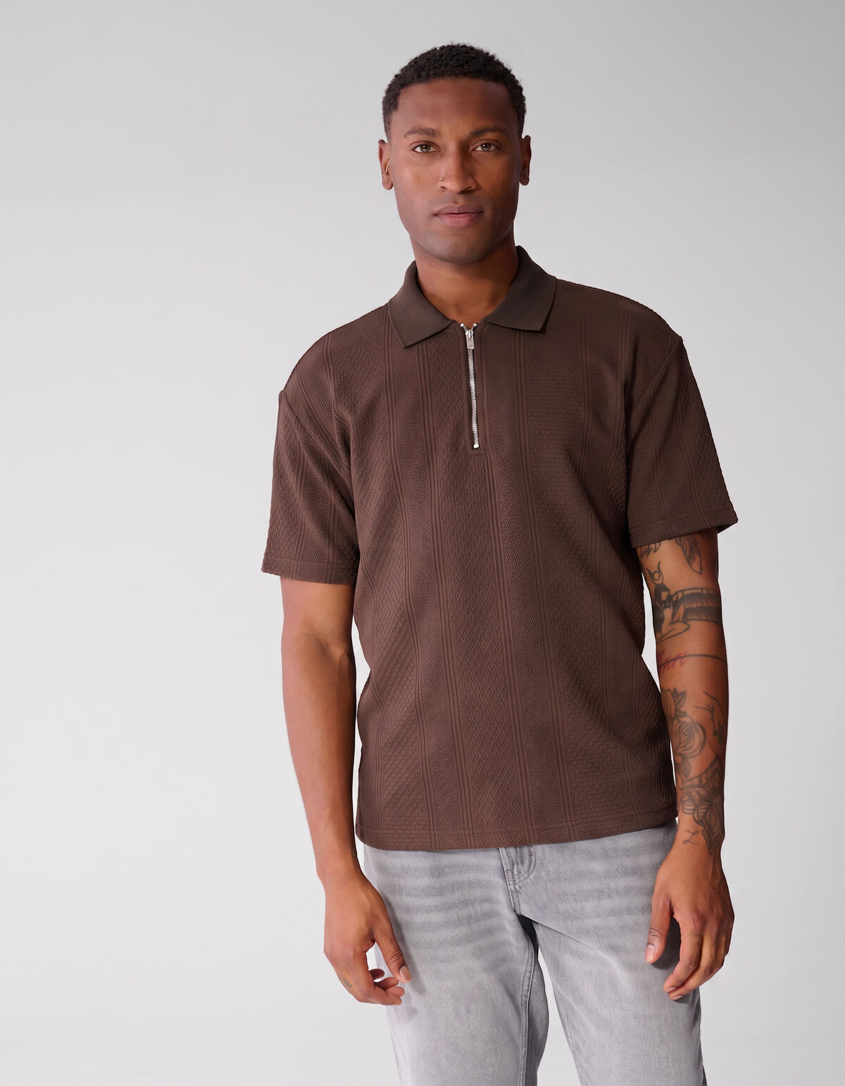 Stripe Structuur Zip Polo Donkerbruin