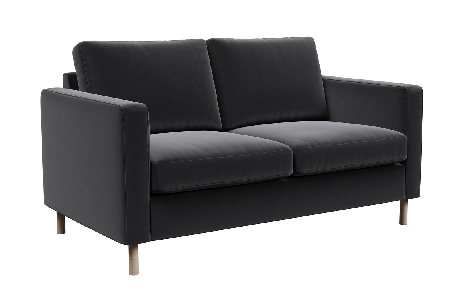 Viken 2-seter I tekstil Matt velvet 99 black med hvitoljet eikeben. Arm B og skum komfort.