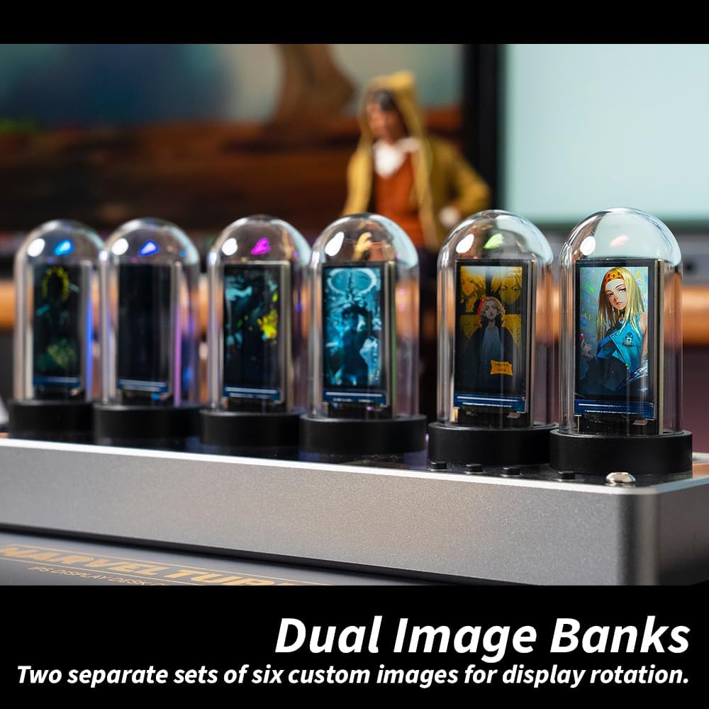 Simulierte Nixie-Röhren-Uhr mit 6 IPS-LCD-Ziffern, WLAN-Synchronisation, RGB-Beleuchtung, personalisierbarer Fotoanzeige und Aluminiumgehäuse – Retro-Cyberpunk-Tischuhr & Geschenk