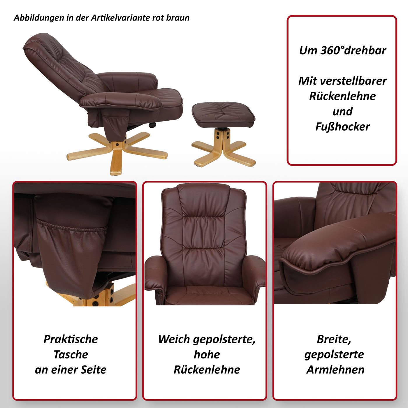 Relaxsessel H56, Fernsehsessel TV-Sessel mit Hocker Ottomane, Kunstleder Eukalyptus Holz MVG-zertifiziert ~ schwarz