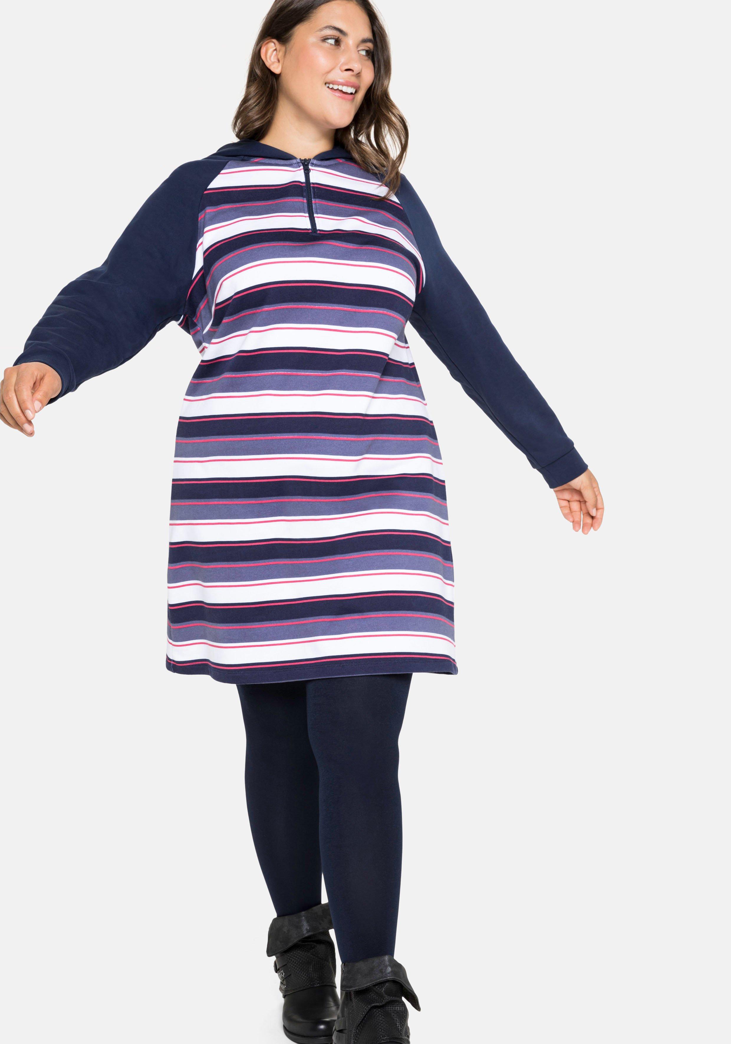 Sweatkleid mit Ringeln, Kapuze und Reißverschluss