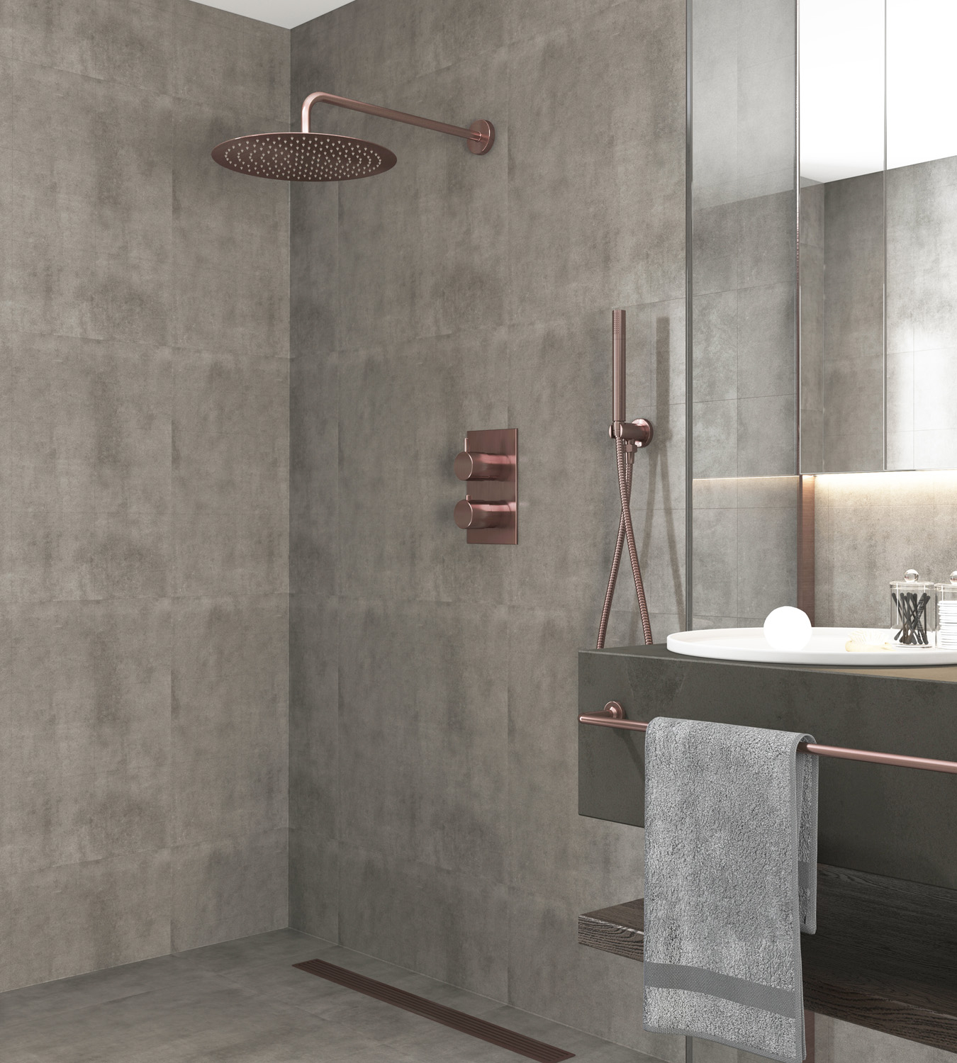 Saniclear Copper inbouw regendouche met wandarm en 30cm hoofddouche geborsteld koper