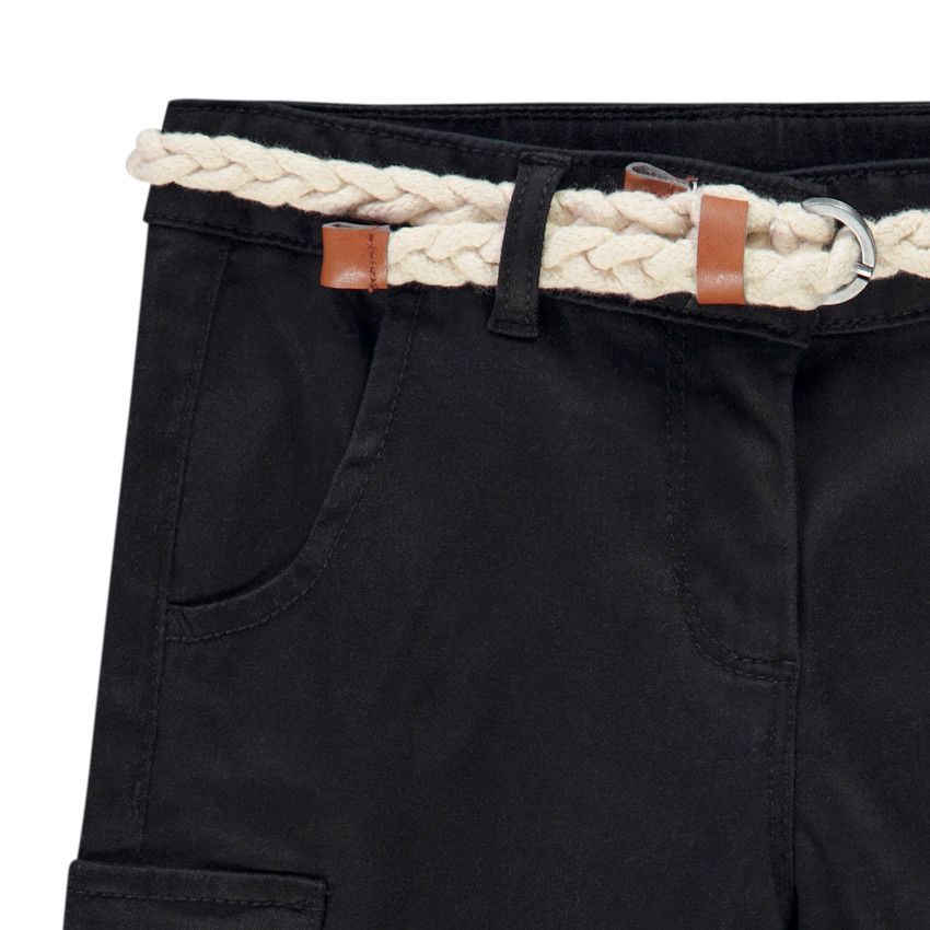 Pantalon twill cargo uni + ceinture tressée pour fille - Noir