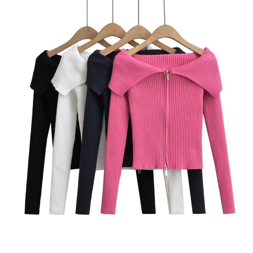Morhan - Lange mouwen, kraag, effen geribbelde top met rits en slim fit crop top