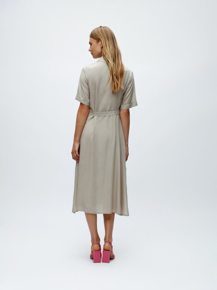 Vestido midi com cinto combinando - Bege