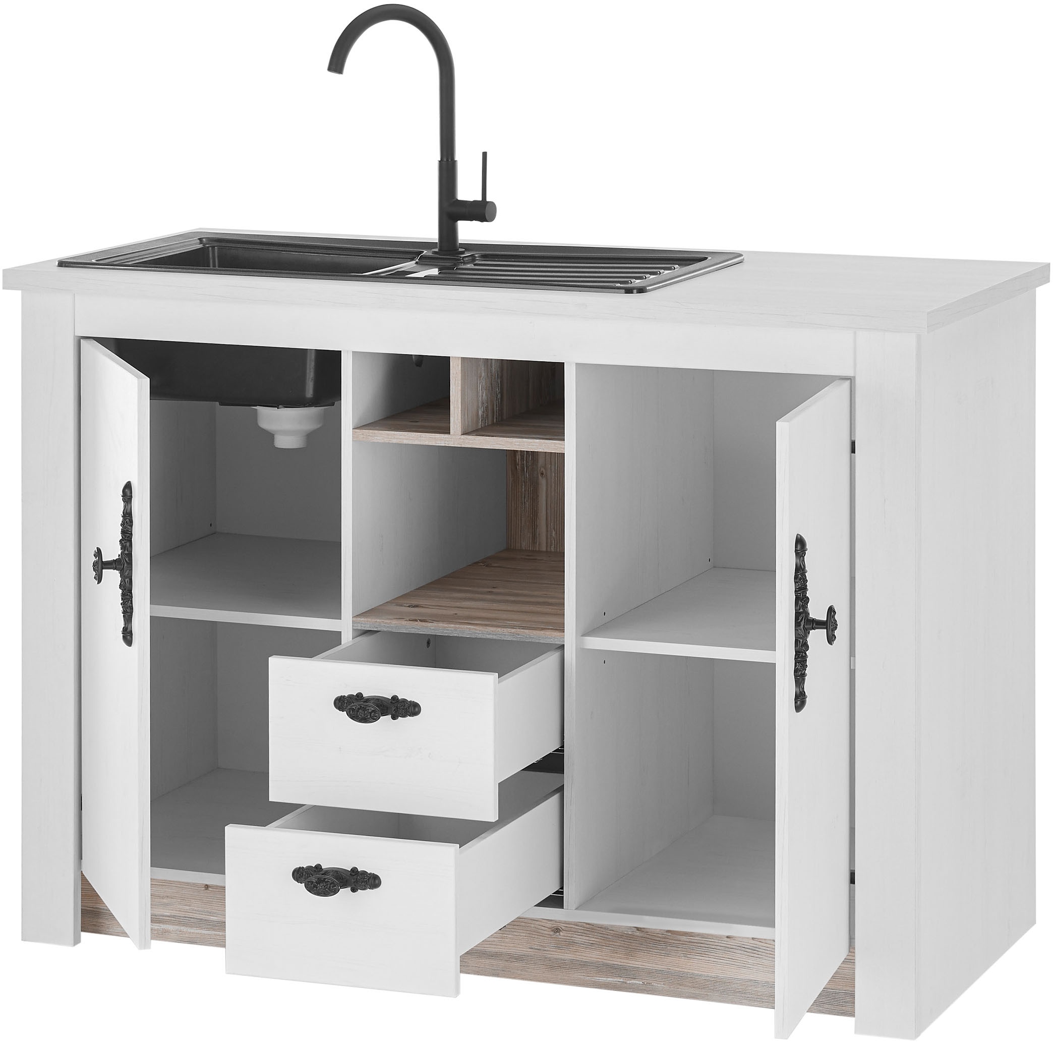 Home affaire Spülenschrank »Florenz, Küchenunterschrank in Pinie Weiss, Unterschrank« mit verschnörkeltem Metallgriff, im Landhausstil, Arbeitshöhe 92 cm