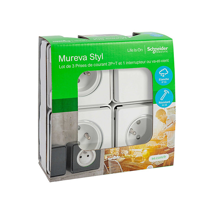 3 prises avec terre + 1 interrupteur va-et-vient Schneider Electric Mureva Styl blanc, lot