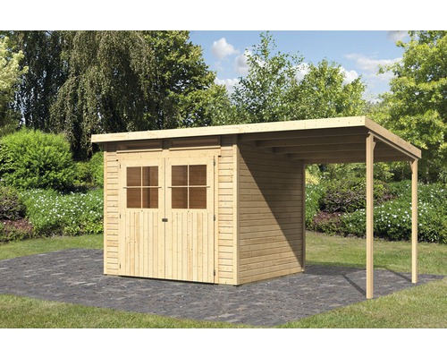 Karibu Glücksburg 4 tuinhuis met aangebouwd dak, 439 x 236 cm, natuurlijke afwerking