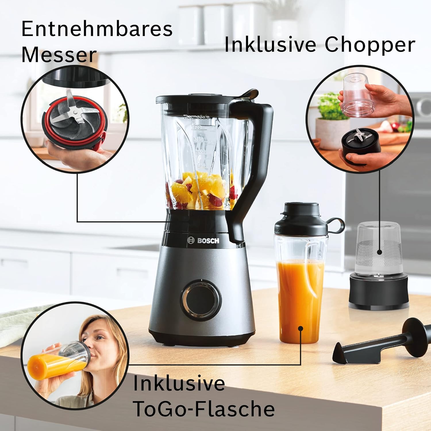 Bosch Standmixer VitaPower Serie 4 MMB6177S, Edelstahl-Klingen Made in Germany, 1,5l ThermoSafe Glasbehälter, 0,6l To-Go-Flasche, 30,000 U/min, 1200 W, silber & Bosch ToGo-Flasche MMZBT01B, 0,6 L