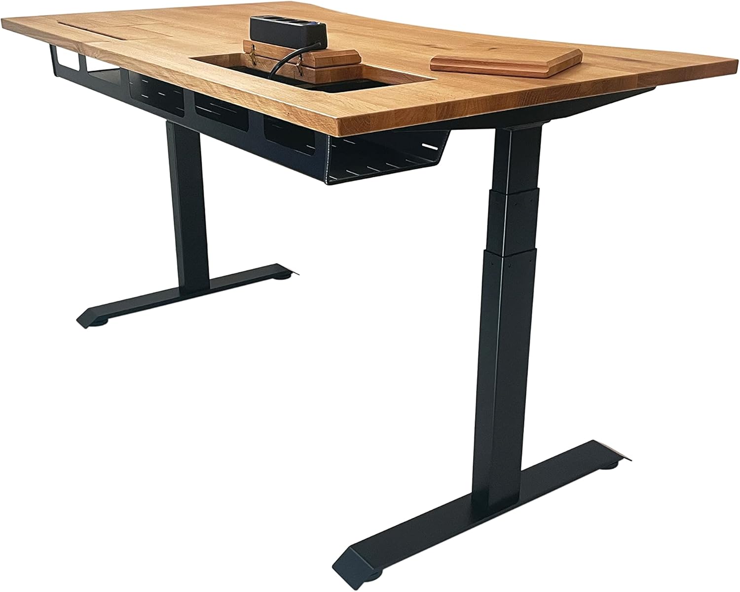 ErgoHide® Höhenverstellbarer Schreibtisch aus Massivholz mit erweitertem Kabelmanagement/Kabelkanal (Eiche, Schwarz, Ergonomisch, 150x80cm)