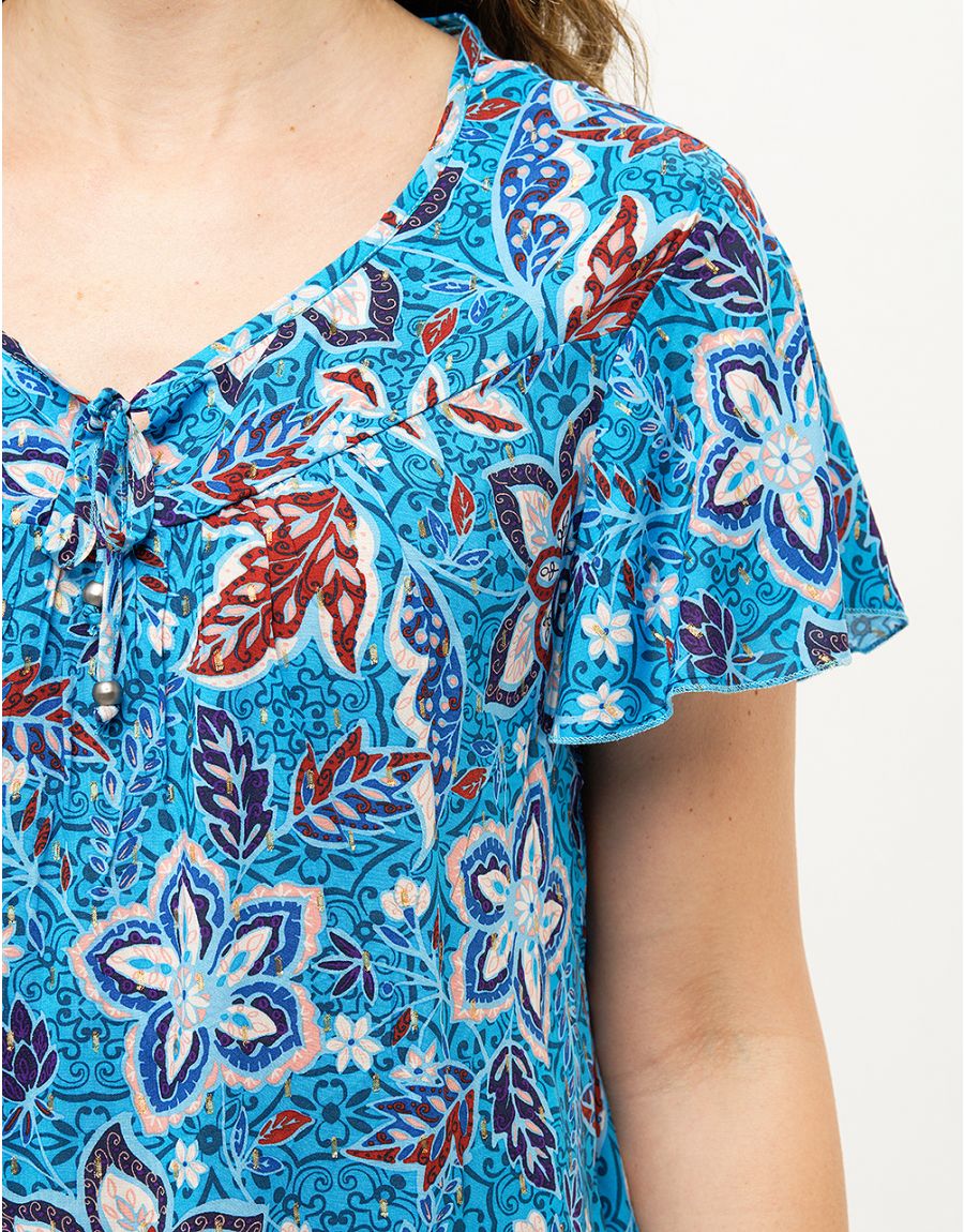 Blouse turquoise fleurs