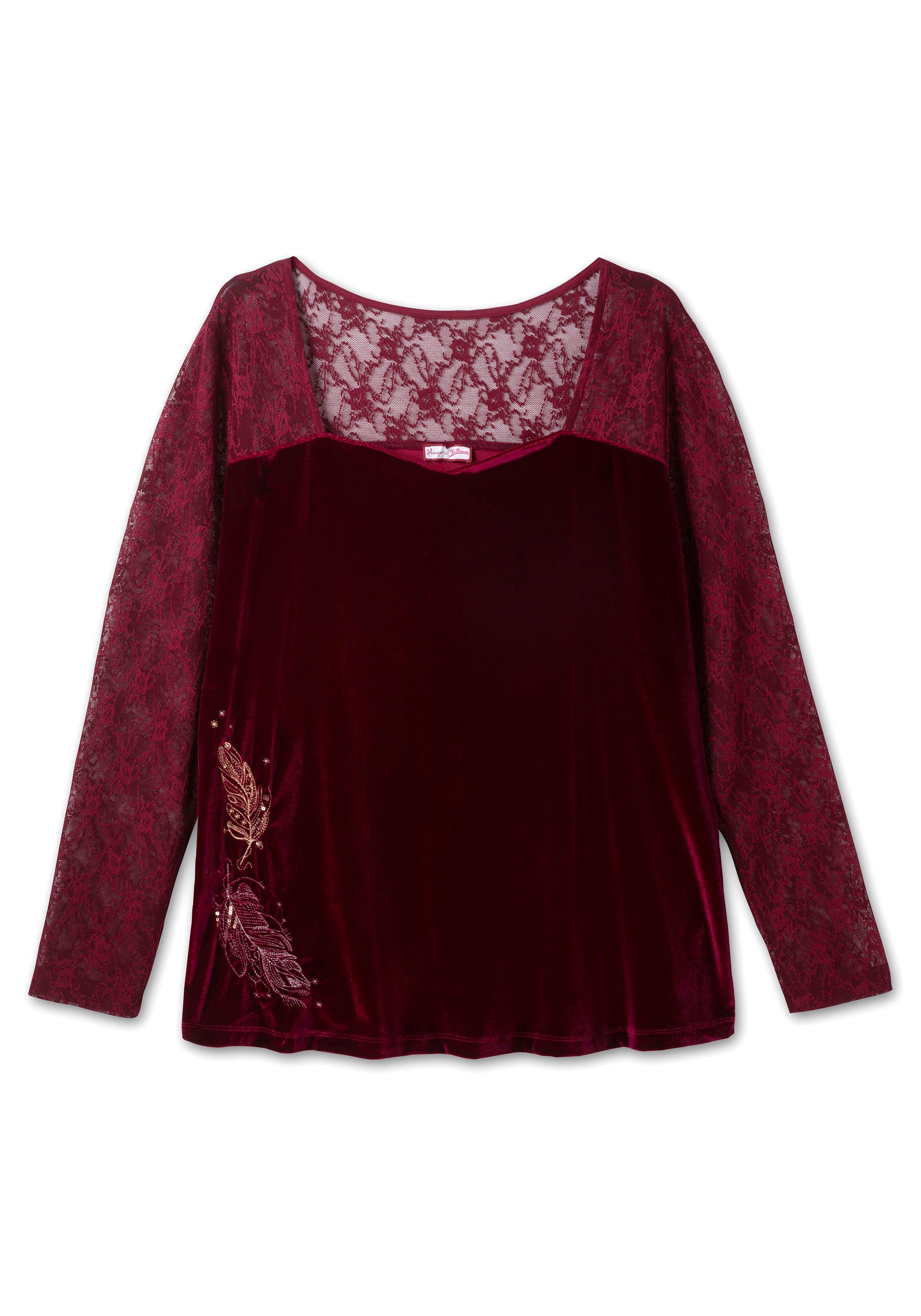Langarmshirt mit Herzausschnitt, Spitze und Samt