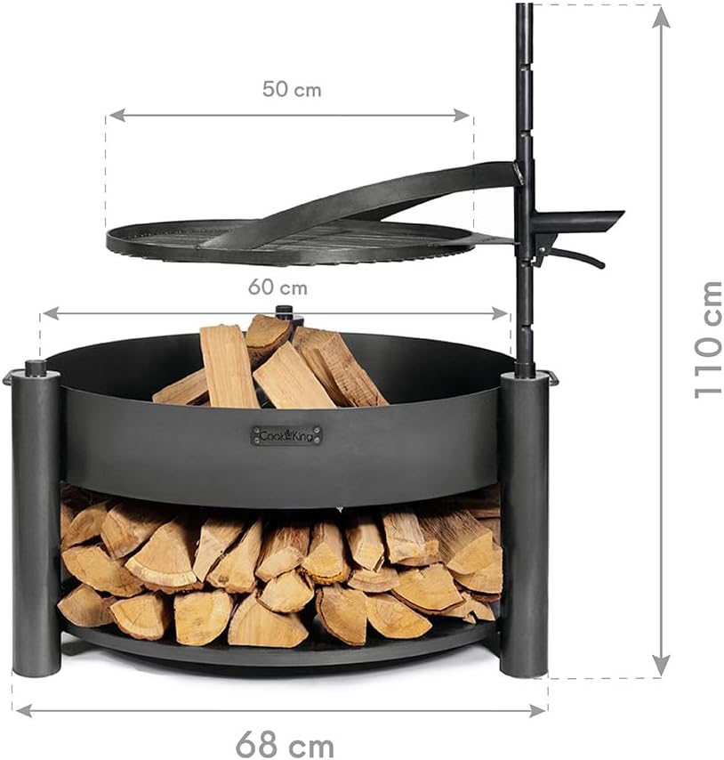 CookKing Feuerschale Montana X 60 mit Holzlager und Zubehör aus Rohstahl Ø 60 cm handgeschweißt wetterfest inklusive Grillrost und Befestigungsmast für Garten Terrasse Outdoor