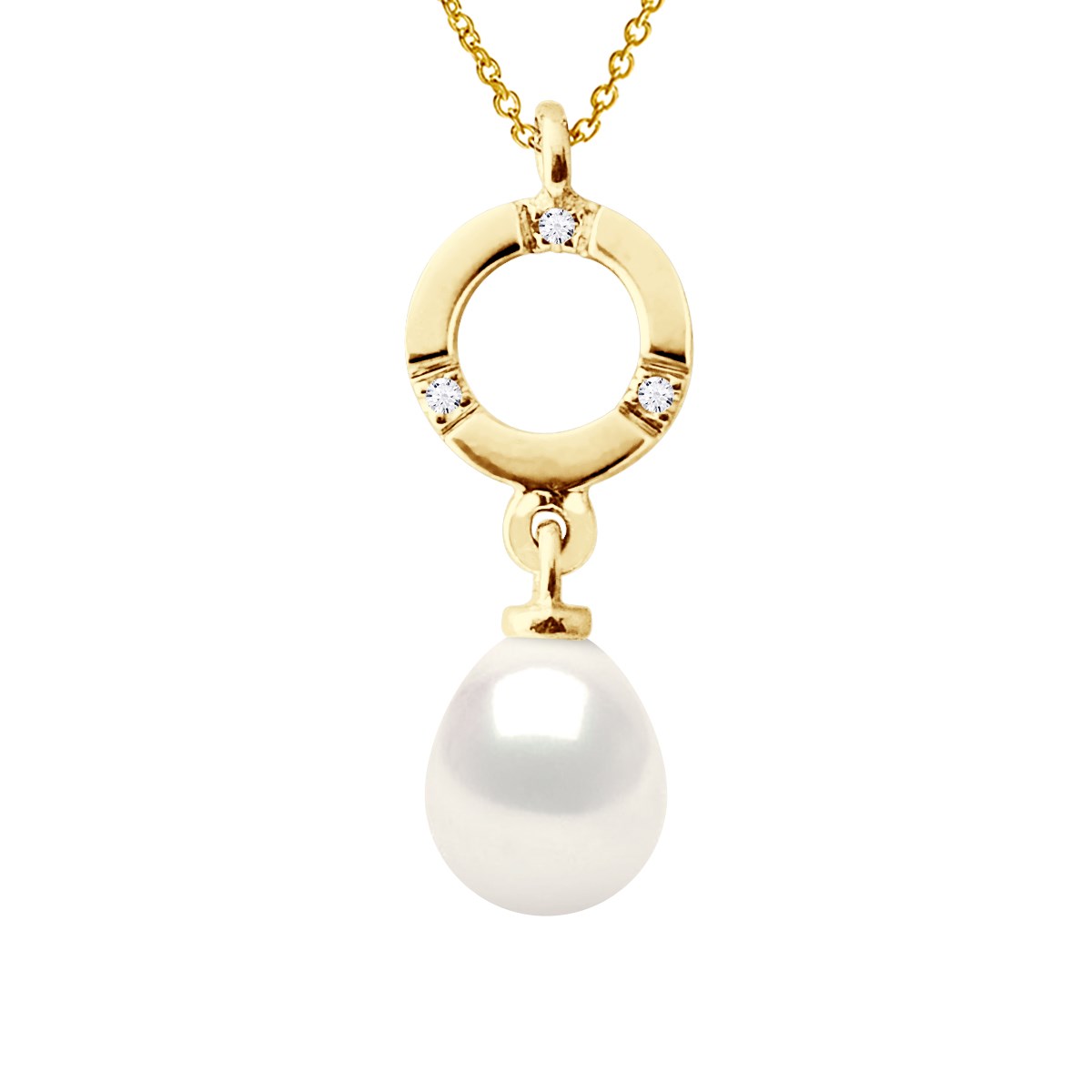 Pendentif Diamants 0,010 Cts Perle de Culture d'Eau Douce Poire 7-8 mm Blanche Or Jaune