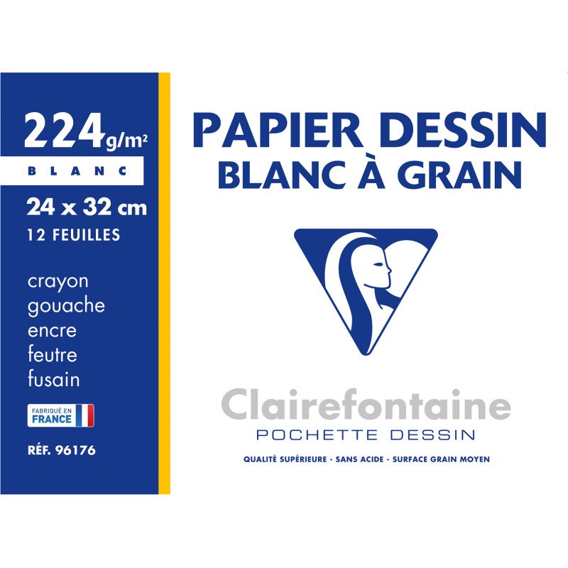 Pochette 12 feuilles papier dessin blanc 24 x 32 cm Clairefontaine à grain 224 g