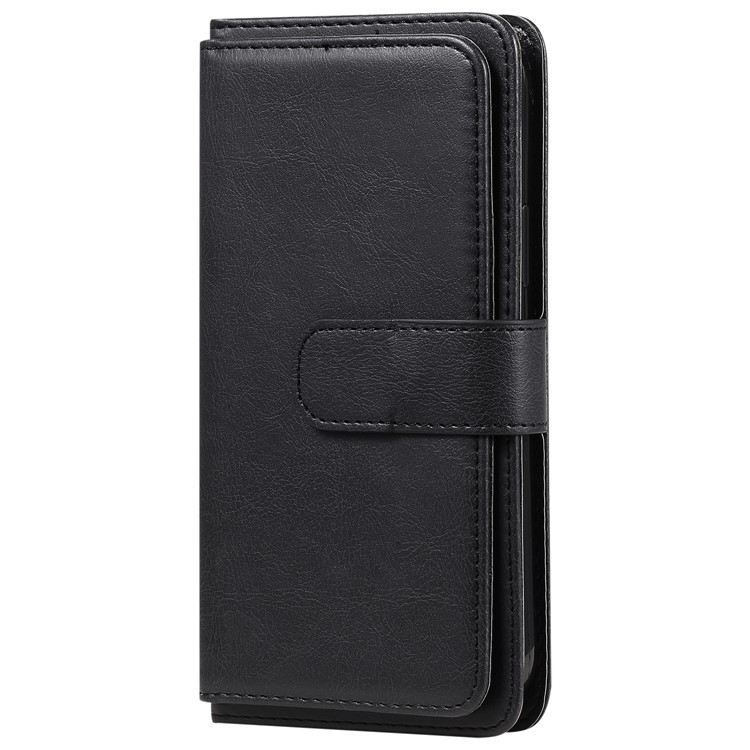 iPhone 16e Leder Tasche Flip Cover Kartenfächer mit Druckknopfverschluss - Schwarz