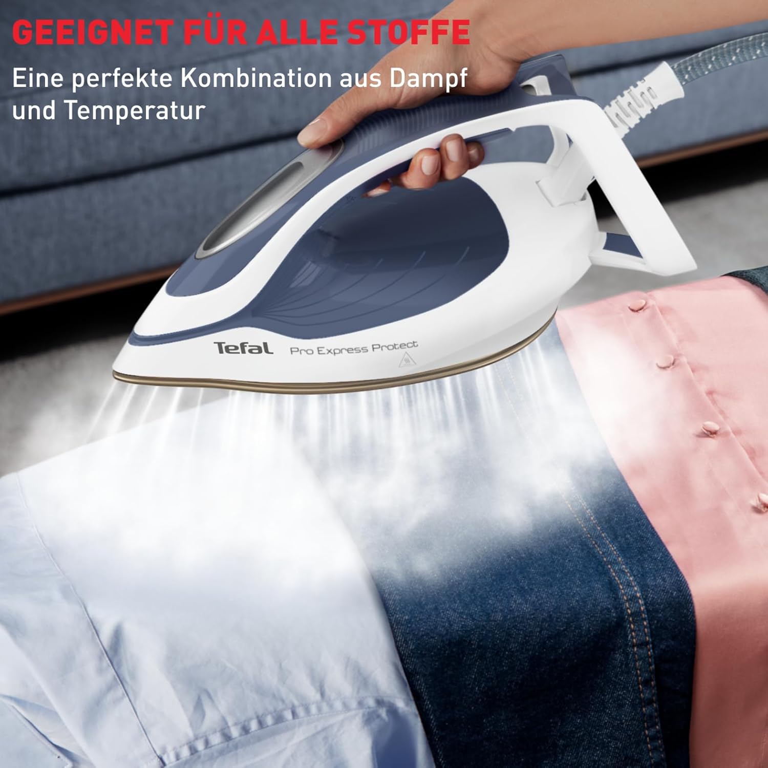 Tefal Pro Express Protect Dampfbügelstation, 7,6 Bar Dampfdruck, variable Dampfmenge: 140 g/Min., Dampfstoß: 550 g/Min., Anti-Kalk-Kollektor, vertikale Dampffunktion, blaugrau/weiß, GV9225