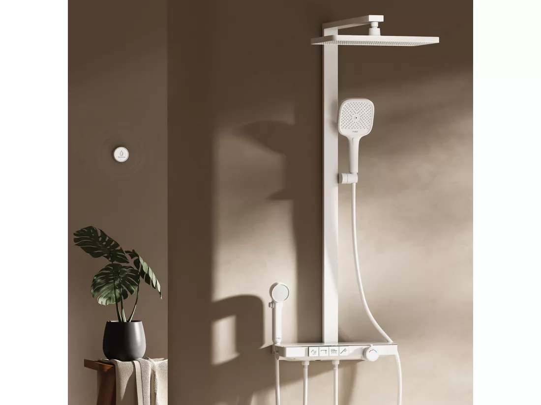 EMKE Colonne de douche avec thermostat 38℃ Douche pluie 40 cm étagère en verre avec 3+1 douchette parent-enfant+porte-douche - blanc