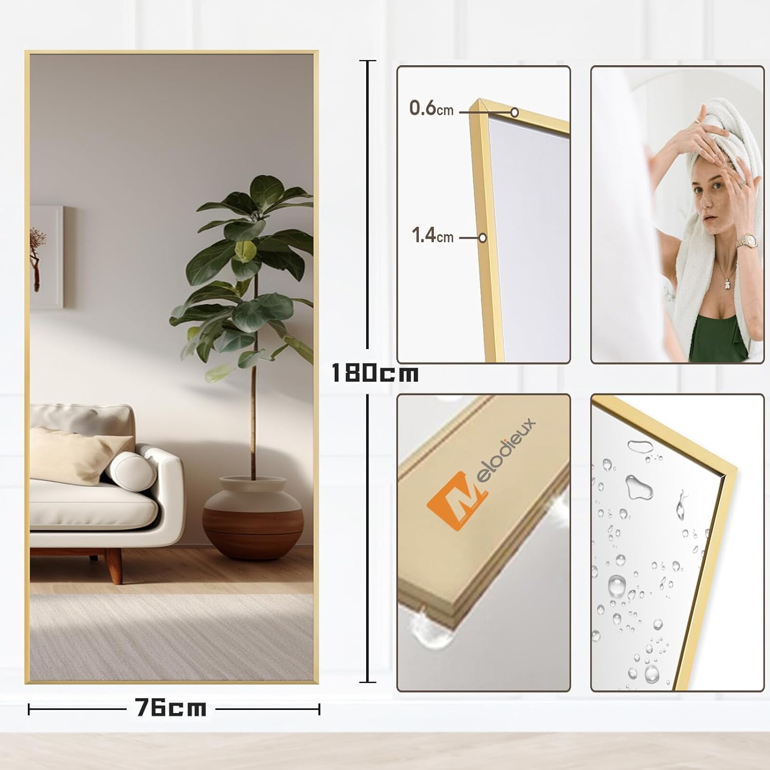 Melodieux Ganzkörperspiegel 180x76cm in voller Länge Modern Großer Freistehender Spiegel Gold Aluminiumrahmen Ankleidespiegel Wandmontierter Wand Hängend Gelehnt Spiegel für Wohnzimmer Schlafzimmer