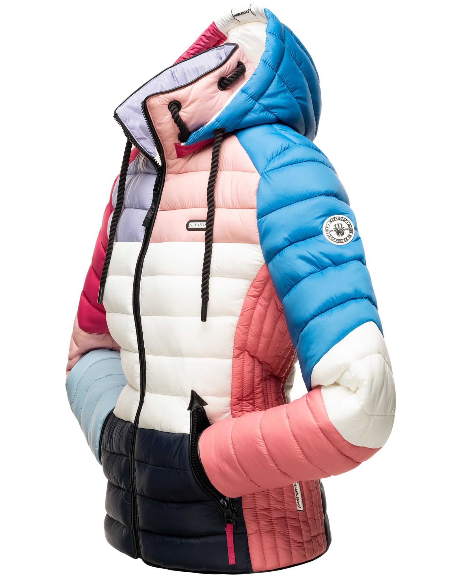 NAVAHOO Damen Steppjacke leichte Übergangsjacke mit Kapuze im Colourblocking Stil Lulana Multikulti