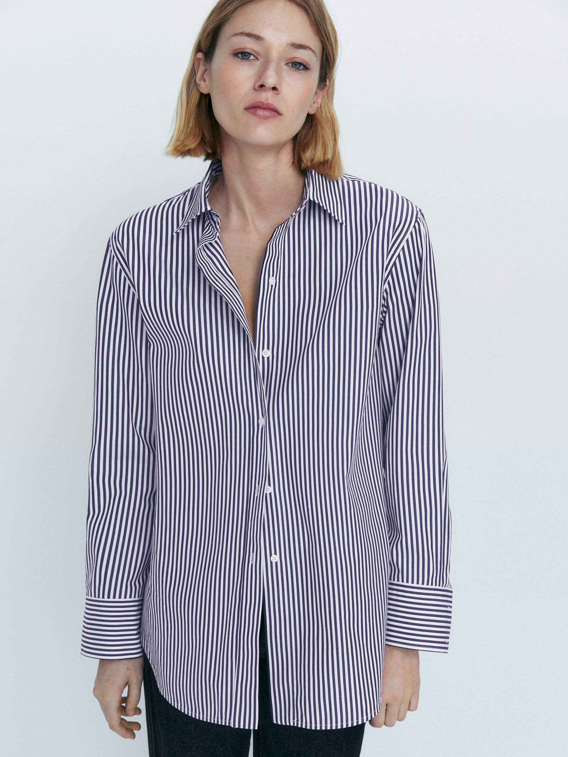 Camisa listrada de algodão popeline - AZUL MARINHO