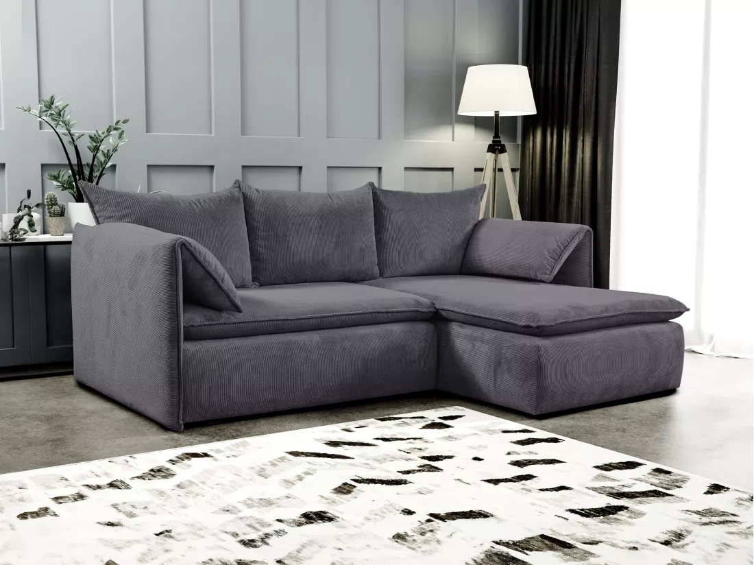 Canapé d'angle droit convertible en velours côtelé bleu gris TEODORA
