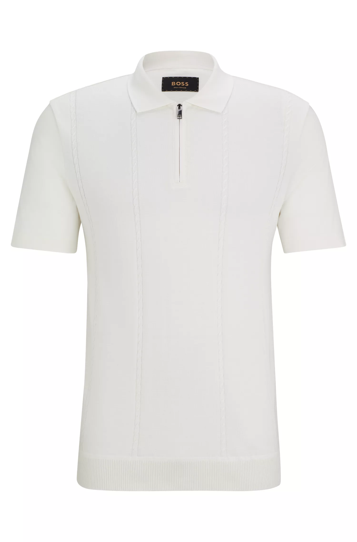 Camisa polo BOSS Camel com zíper no pescoço, em algodão e seda.