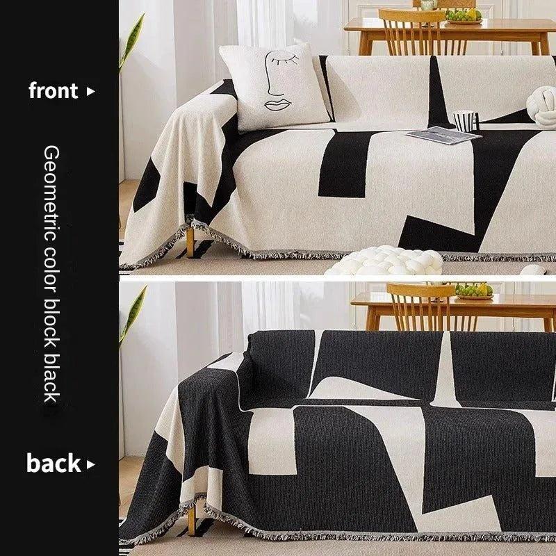 3 Chenille Line Pattern Throw Blanket with Tassel | Simple Nordic Jacquard Reversible Double Sided Sofa Cover